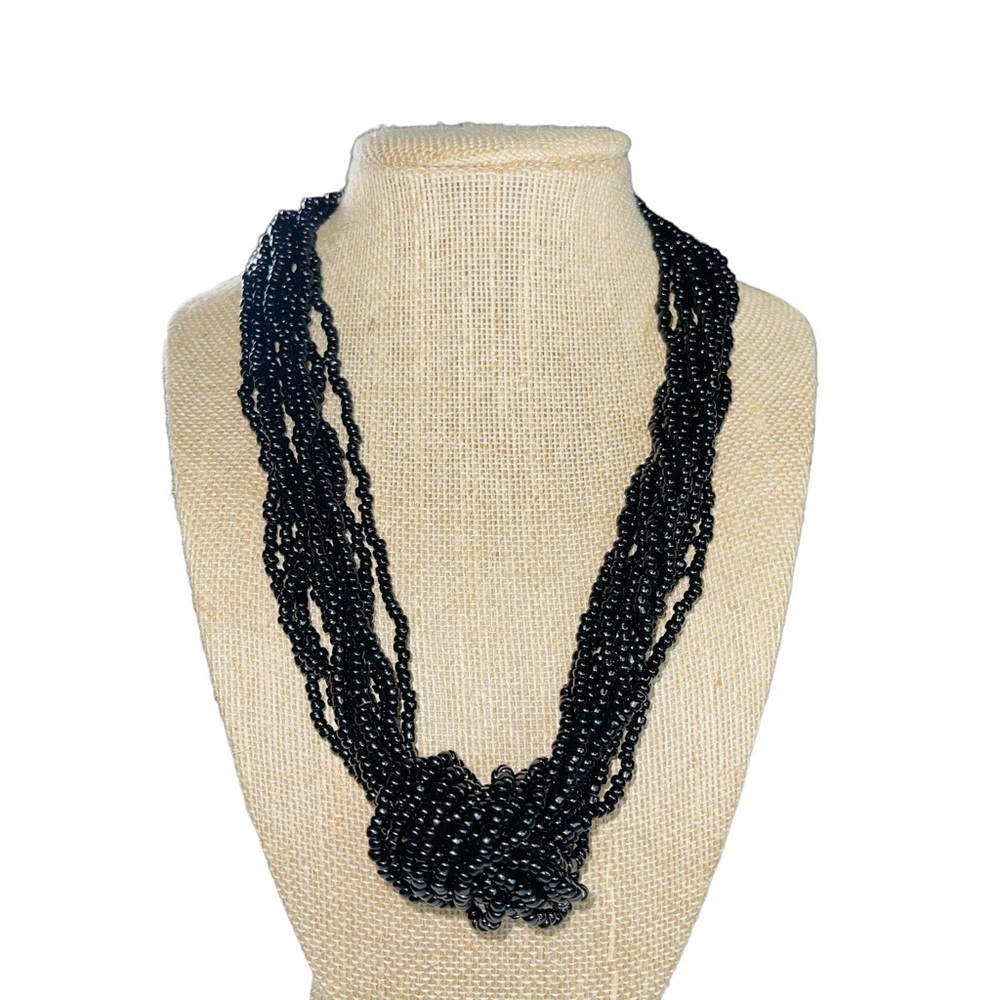 Vintage Trifari Multi-Strand Black Seed Bead Necklace, Statement Knotted Design - Picture 3 of 8